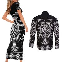 Black Ngaru Taniko With Aotearoa Maori Tattoo Couples Matching Short Sleeve Bodycon Dress and Long Sleeve Button Shirt LT14 - Polynesian Pride