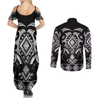 Black Ngaru Taniko With Aotearoa Maori Tattoo Couples Matching Summer Maxi Dress and Long Sleeve Button Shirt LT14 - Polynesian Pride