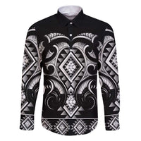 Black Ngaru Taniko With Aotearoa Maori Tattoo Family Matching Puletasi and Hawaiian Shirt LT14 Dad's Shirt - Long Sleeve Black - Polynesian Pride