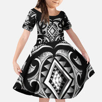Black Ngaru Taniko With Aotearoa Maori Tattoo Family Matching Summer Maxi Dress and Hawaiian Shirt LT14 Daughter's Dress Black - Polynesian Pride