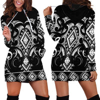 Black Ngaru Taniko With Aotearoa Maori Tattoo Hoodie Dress LT14 - Polynesian Pride