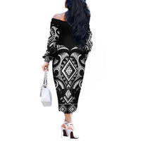 Black Ngaru Taniko With Aotearoa Maori Tattoo Off The Shoulder Long Sleeve Dress LT14 - Polynesian Pride
