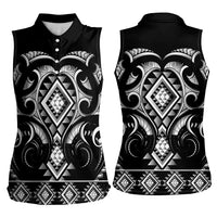 Black Ngaru Taniko With Aotearoa Maori Tattoo Women Sleeveless Polo Shirt LT14 - Polynesian Pride