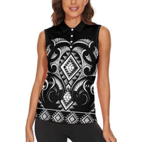 Black Ngaru Taniko With Aotearoa Maori Tattoo Women Sleeveless Polo Shirt LT14 - Polynesian Pride