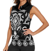 Black Ngaru Taniko With Aotearoa Maori Tattoo Women Sleeveless Polo Shirt LT14 - Polynesian Pride