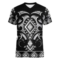 Black Ngaru Taniko With Aotearoa Maori Tattoo Women V-Neck T-Shirt LT14 Female Black - Polynesian Pride