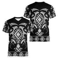 Black Ngaru Taniko With Aotearoa Maori Tattoo Women V-Neck T-Shirt LT14 - Polynesian Pride