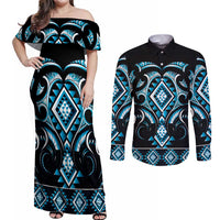 Blue Ngaru Taniko With Aotearoa Maori Tattoo Couples Matching Off Shoulder Maxi Dress and Long Sleeve Button Shirt LT14 Blue - Polynesian Pride