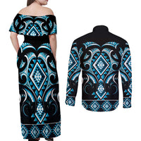 Blue Ngaru Taniko With Aotearoa Maori Tattoo Couples Matching Off Shoulder Maxi Dress and Long Sleeve Button Shirt LT14 - Polynesian Pride