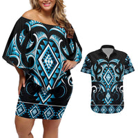 Blue Ngaru Taniko With Aotearoa Maori Tattoo Couples Matching Off Shoulder Short Dress and Hawaiian Shirt LT14 Blue - Polynesian Pride