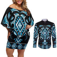 Blue Ngaru Taniko With Aotearoa Maori Tattoo Couples Matching Off Shoulder Short Dress and Long Sleeve Button Shirt LT14 Blue - Polynesian Pride