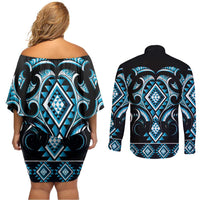 Blue Ngaru Taniko With Aotearoa Maori Tattoo Couples Matching Off Shoulder Short Dress and Long Sleeve Button Shirt LT14 - Polynesian Pride