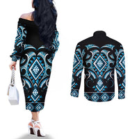 Blue Ngaru Taniko With Aotearoa Maori Tattoo Couples Matching Off The Shoulder Long Sleeve Dress and Long Sleeve Button Shirt LT14 - Polynesian Pride