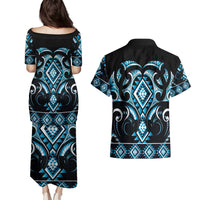 Blue Ngaru Taniko With Aotearoa Maori Tattoo Couples Matching Puletasi and Hawaiian Shirt LT14 - Polynesian Pride