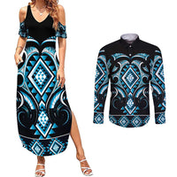 Blue Ngaru Taniko With Aotearoa Maori Tattoo Couples Matching Summer Maxi Dress and Long Sleeve Button Shirt LT14 Blue - Polynesian Pride