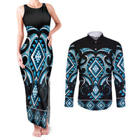 Blue Ngaru Taniko With Aotearoa Maori Tattoo Couples Matching Tank Maxi Dress and Long Sleeve Button Shirt LT14 Blue - Polynesian Pride