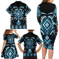 Blue Ngaru Taniko With Aotearoa Maori Tattoo Family Matching Long Sleeve Bodycon Dress and Hawaiian Shirt LT14 - Polynesian Pride