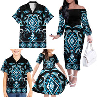 Blue Ngaru Taniko With Aotearoa Maori Tattoo Family Matching Off The Shoulder Long Sleeve Dress and Hawaiian Shirt LT14 - Polynesian Pride