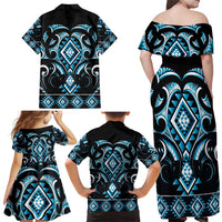 Blue Ngaru Taniko With Aotearoa Maori Tattoo Family Matching Off Shoulder Maxi Dress and Hawaiian Shirt LT14 - Polynesian Pride