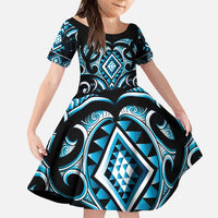 Blue Ngaru Taniko With Aotearoa Maori Tattoo Family Matching Puletasi and Hawaiian Shirt LT14 Daughter's Dress Blue - Polynesian Pride