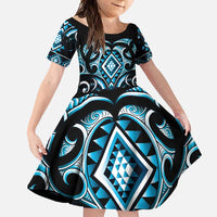 Blue Ngaru Taniko With Aotearoa Maori Tattoo Family Matching Short Sleeve Bodycon Dress and Hawaiian Shirt LT14 Daughter's Dress Blue - Polynesian Pride