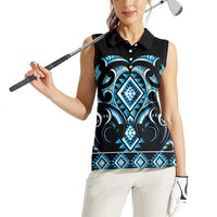 Blue Ngaru Taniko With Aotearoa Maori Tattoo Women Sleeveless Polo Shirt LT14 - Polynesian Pride