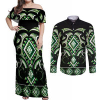 Green Ngaru Taniko With Aotearoa Maori Tattoo Couples Matching Off Shoulder Maxi Dress and Long Sleeve Button Shirt LT14 Green - Polynesian Pride