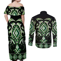 Green Ngaru Taniko With Aotearoa Maori Tattoo Couples Matching Off Shoulder Maxi Dress and Long Sleeve Button Shirt LT14 - Polynesian Pride