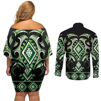 Green Ngaru Taniko With Aotearoa Maori Tattoo Couples Matching Off Shoulder Short Dress and Long Sleeve Button Shirt LT14 - Polynesian Pride