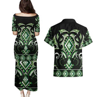 Green Ngaru Taniko With Aotearoa Maori Tattoo Couples Matching Puletasi and Hawaiian Shirt LT14 - Polynesian Pride