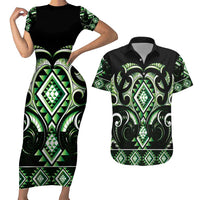 Green Ngaru Taniko With Aotearoa Maori Tattoo Couples Matching Short Sleeve Bodycon Dress and Hawaiian Shirt LT14 Green - Polynesian Pride