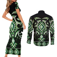 Green Ngaru Taniko With Aotearoa Maori Tattoo Couples Matching Short Sleeve Bodycon Dress and Long Sleeve Button Shirt LT14 - Polynesian Pride