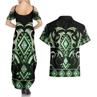 Green Ngaru Taniko With Aotearoa Maori Tattoo Couples Matching Summer Maxi Dress and Hawaiian Shirt LT14 - Polynesian Pride