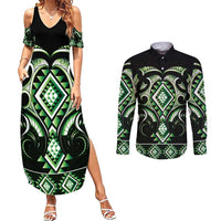 Green Ngaru Taniko With Aotearoa Maori Tattoo Couples Matching Summer Maxi Dress and Long Sleeve Button Shirt LT14 Green - Polynesian Pride