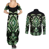 Green Ngaru Taniko With Aotearoa Maori Tattoo Couples Matching Summer Maxi Dress and Long Sleeve Button Shirt LT14 - Polynesian Pride