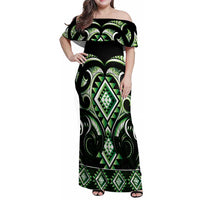 Green Ngaru Taniko With Aotearoa Maori Tattoo Family Matching Off Shoulder Maxi Dress and Hawaiian Shirt LT14 Mom's Dress Green - Polynesian Pride