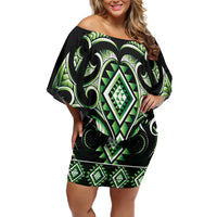 Green Ngaru Taniko With Aotearoa Maori Tattoo Family Matching Off Shoulder Short Dress and Hawaiian Shirt LT14 Mom's Dress Green - Polynesian Pride