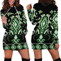 Green Ngaru Taniko With Aotearoa Maori Tattoo Hoodie Dress LT14 - Polynesian Pride