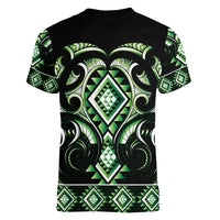 Green Ngaru Taniko With Aotearoa Maori Tattoo Women V-Neck T-Shirt LT14 - Polynesian Pride