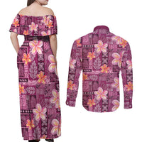 Pink Hawaii Plumeria With Tropical Flowers Motifs Couples Matching Off Shoulder Maxi Dress and Long Sleeve Button Shirt