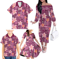 Pink Hawaii Plumeria With Tropical Flowers Motifs Family Matching Off The Shoulder Long Sleeve Dress and Hawaiian Shirt