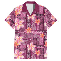 Pink Hawaii Plumeria With Tropical Flowers Motifs Family Matching Off Shoulder Short Dress and Hawaiian Shirt