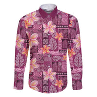 Pink Hawaii Plumeria With Tropical Flowers Motifs Family Matching Puletasi and Hawaiian Shirt LT14 Dad's Shirt - Long Sleeve Pink - Polynesian Pride