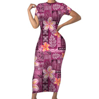 Pink Hawaii Plumeria With Tropical Flowers Motifs Family Matching Short Sleeve Bodycon Dress and Hawaiian Shirt