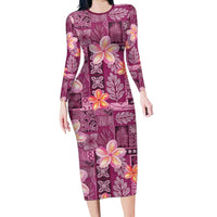 Pink Hawaii Plumeria With Tropical Flowers Motifs Long Sleeve Bodycon Dress LT14 Long Dress Pink - Polynesian Pride