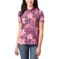 Pink Hawaii Plumeria With Tropical Flowers Motifs Women Polo Shirt LT14 - Polynesian Pride