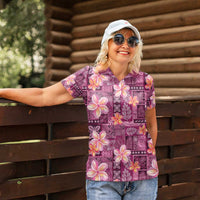 Pink Hawaii Plumeria With Tropical Flowers Motifs Women Polo Shirt LT14 - Polynesian Pride