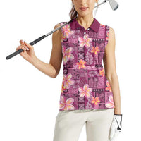 Pink Hawaii Plumeria With Tropical Flowers Motifs Women Sleeveless Polo Shirt LT14 - Polynesian Pride