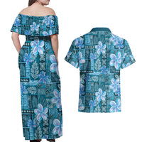 Cyan Hawaii Plumeria With Tropical Flowers Motifs Couples Matching Off Shoulder Maxi Dress and Hawaiian Shirt