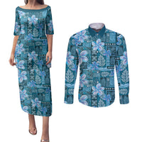 Cyan Hawaii Plumeria With Tropical Flowers Motifs Couples Matching Puletasi and Long Sleeve Button Shirt LT14 Cyan - Polynesian Pride